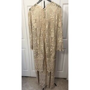Vtg SUE Wong  Dress w/Jacket Sz L Rare Floral Mesh Rose Embroider Lace Tan/Gold